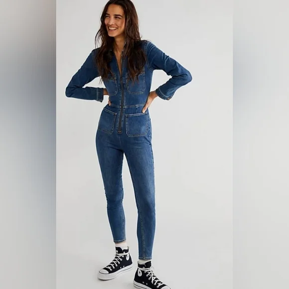 Free People Lennox Zip Front Denim Jean Jumpsuit Size Large Long Sleeve Utility
